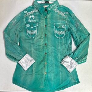 ROAR Western Embroidered Shirt in Teal